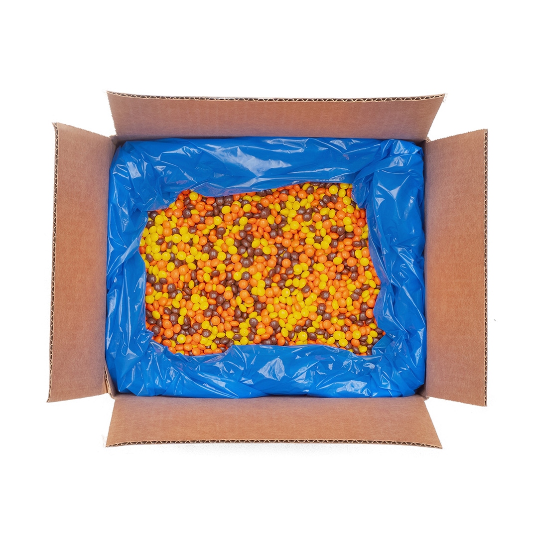 REESE'S PIECES Mini Peanut Butter Candy, 25 lb box - Top of Package
