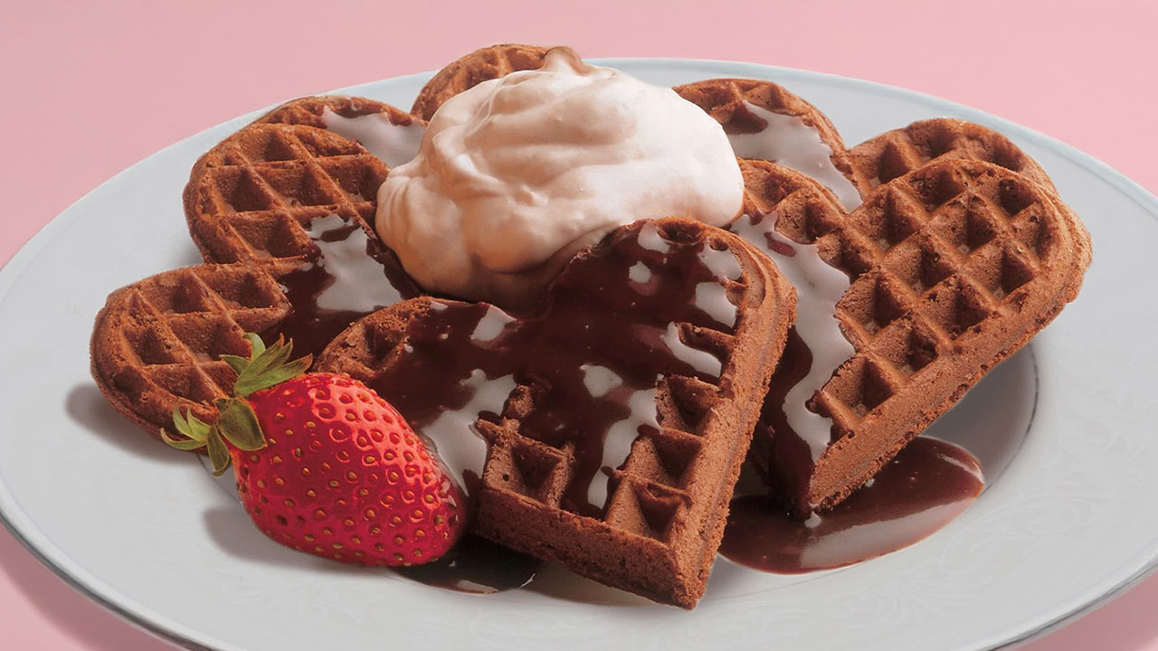 plate of heart shaped chocolate waffles