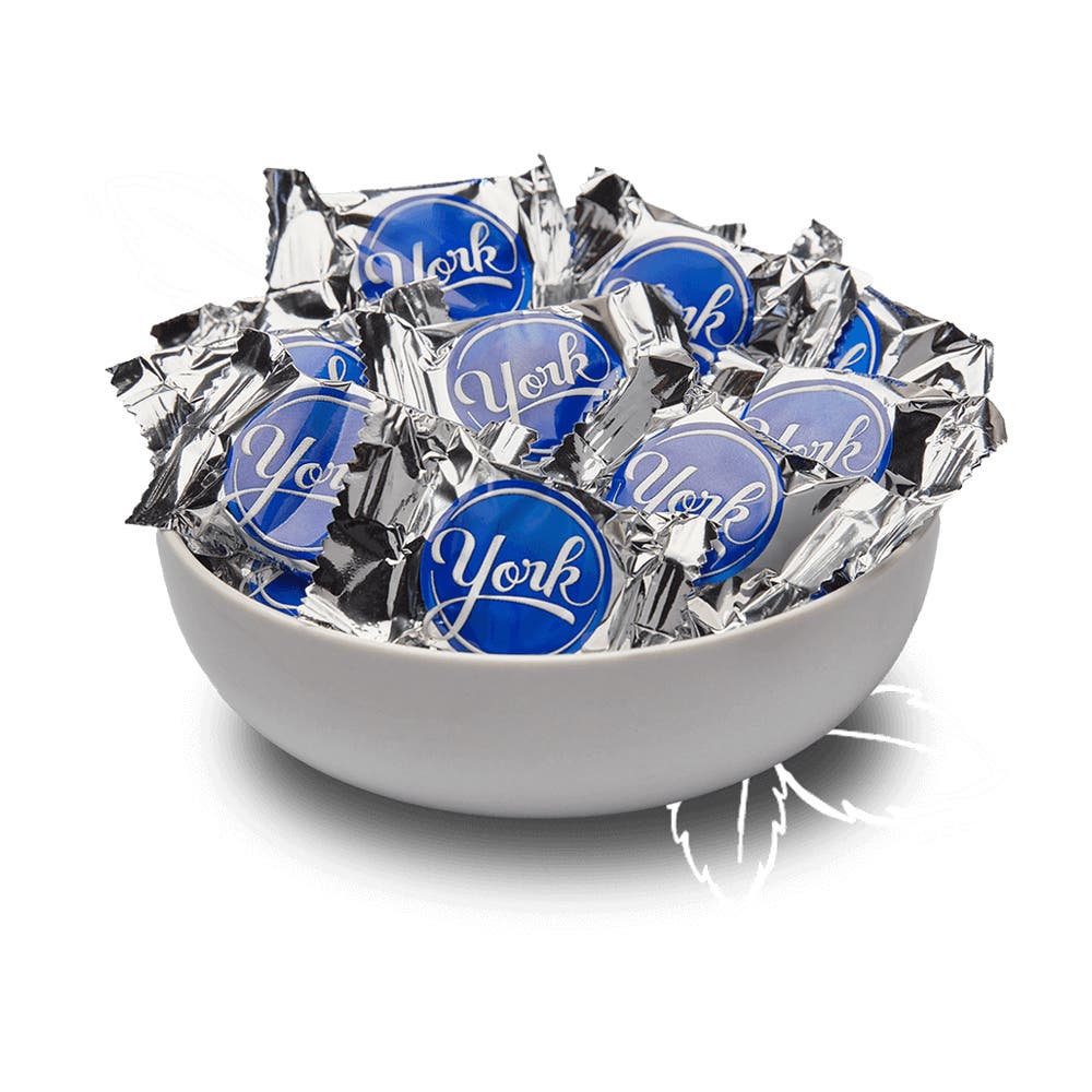 bowl filled with fully wrapped york dark chocolate peppermint patties