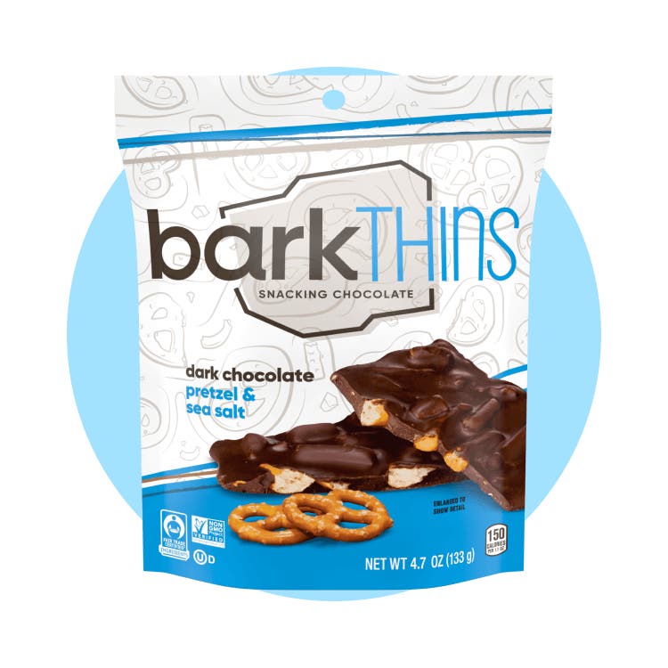 bag of barkthins dark chocolate pretzel and sea salt snacking chocolate