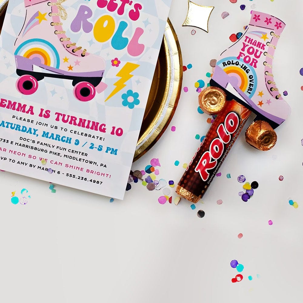 roller skating party invitation beside party favors and decorations