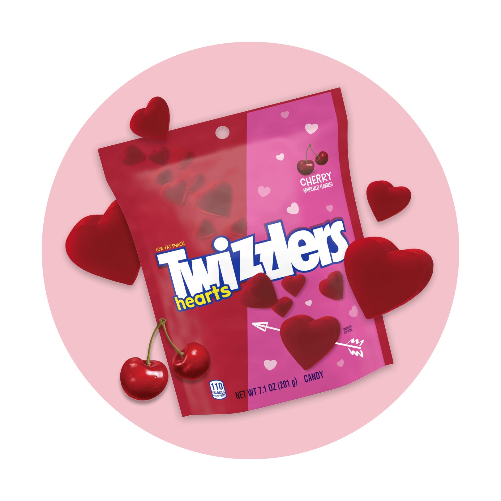 bag of twizzlers cherry hearts surrounded by unwrapped candy pieces and cherries